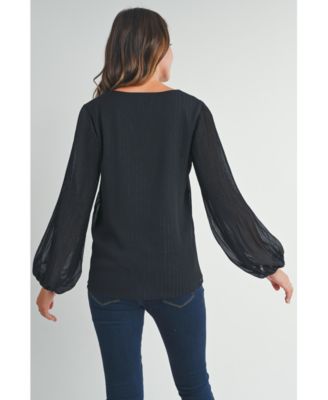 Maternity Flowy Sheer Long Sleeve V Neck Blouse