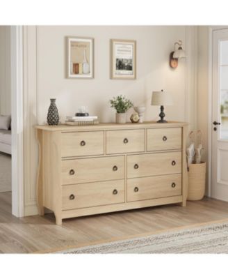 7-Drawer Modern Wood Dresser with Golden Ring Pull Handles, Wide Storage Organizer Chest for Living Room, Entryway, Oak Finish