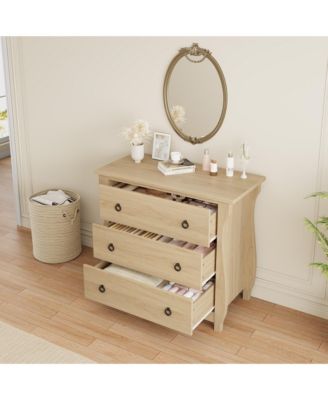 3-Drawer Modern Wood Dresser Bedroom Chest with Black Metal Ring Pull Handles, Storage Cabinet for Living Room, Entryway, Natural Oak