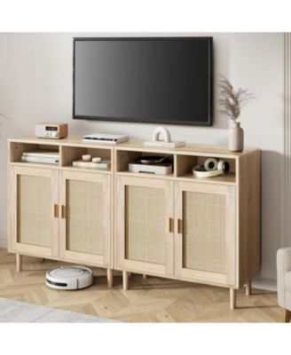 2 Sets Rattan Sideboard Cabinet with 2 Doors & Shelf, Modern Boho Farmhouse Buffet Storage, Coffee Bar, Natural