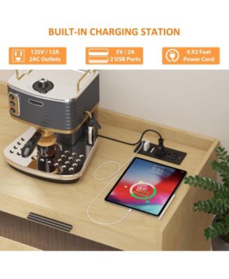 Farmhouse Storage Cabinet with Charging Station, LED Light, Rattan Buffet, Heavy Duty, Kitchen, Living Room