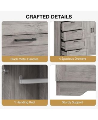 Modern Wooden Dresser for Bedroom, 43.3" 2-Door Wardrobe Armoire, 4 Drawers, Hanging Rod, Storage Cabinet