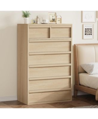 7-Drawer Modern Tall Wooden Dresser, 46" Large Storage Chest Organizer for Bedroom, Living Room, Nursery, Natural