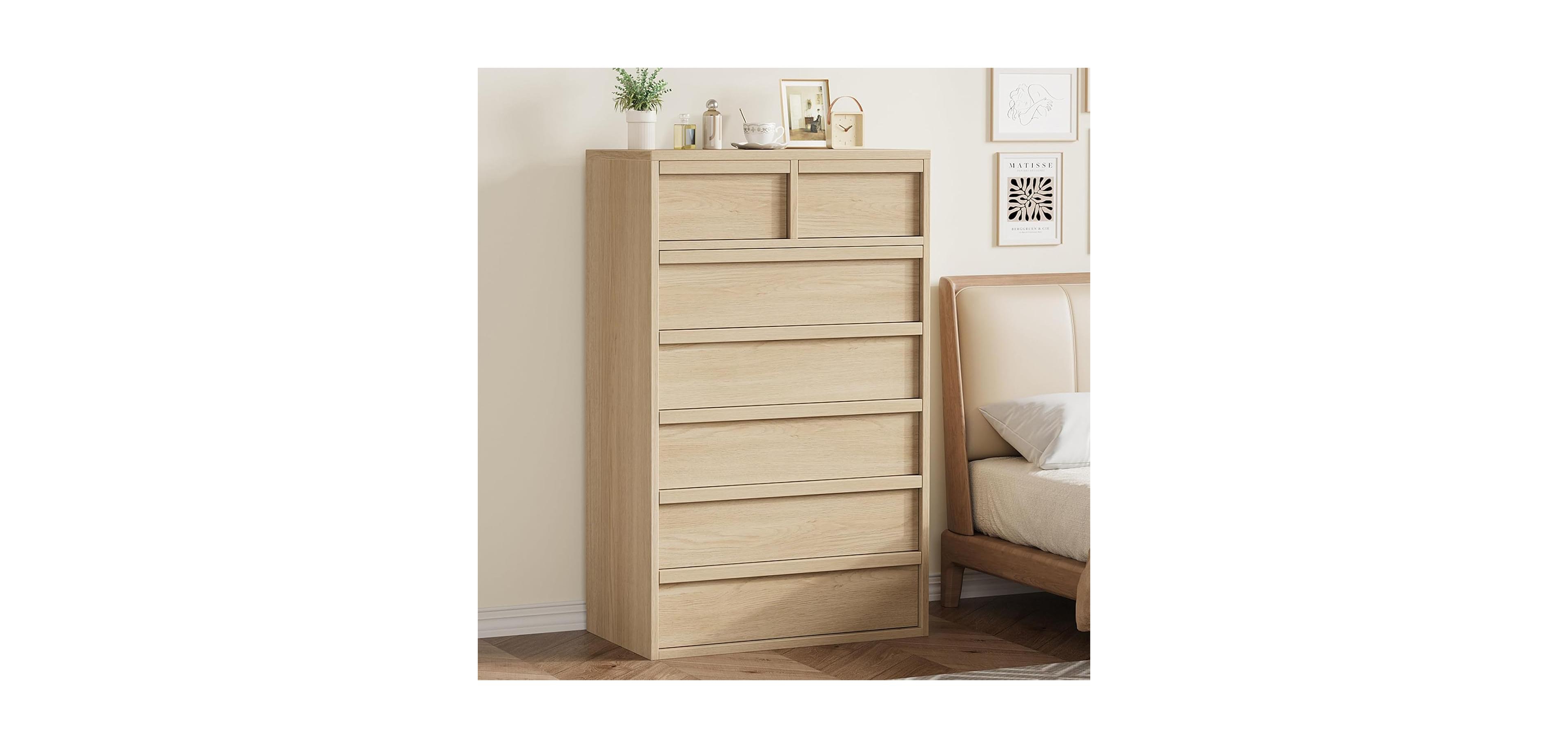 gaomon 7-Drawer Modern Tall Wooden Dresser, 46" Large Storage Chest Organizer for Bedroom, Living Room, Nursery, Natural