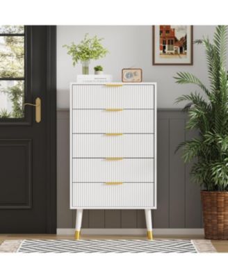 5-Drawer Polished Metal Dresser, Metal Handles & Legs, Space-Saving Bedroom, Living Room, Hallway Cabinet, White