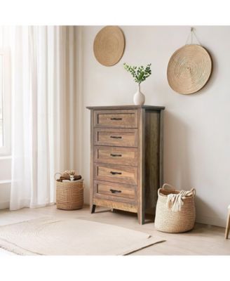 5-Drawer Farmhouse Dresser, Tall Rustic Wood Chest, Vintage Finish, Spacious Storage for Bedroom, Living Room, Brown