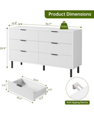 6-Drawer White Fluted Engineered Wood Dresser, Metal Legs & Handles, Modern Storage for Bedroom, Living Room
