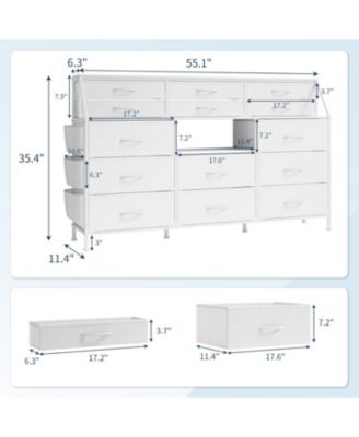 14 Foldable Fabric Drawer Dresser with Wood Top, TV Stand, Open Shelves, Metal Frame, Bedroom, Living Room, White