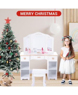 Kids 3 Drawer Wooden Dressing Table, Round Mirror with Lights, Stool, Modern Child Vanity Set
