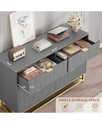 47.2 Inch Grey 6-Drawer Modern Dresser, Wide Chest, Gold Metal Legs & Handles, Storage for Bedroom, Living Room, Hallway