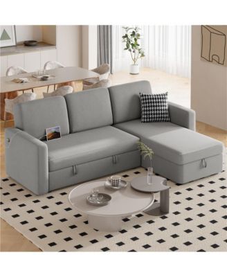 L-Shaped Reversible Sleeper Sectional Sofa with Chaise & USB & Type-C Ports Dark Gray