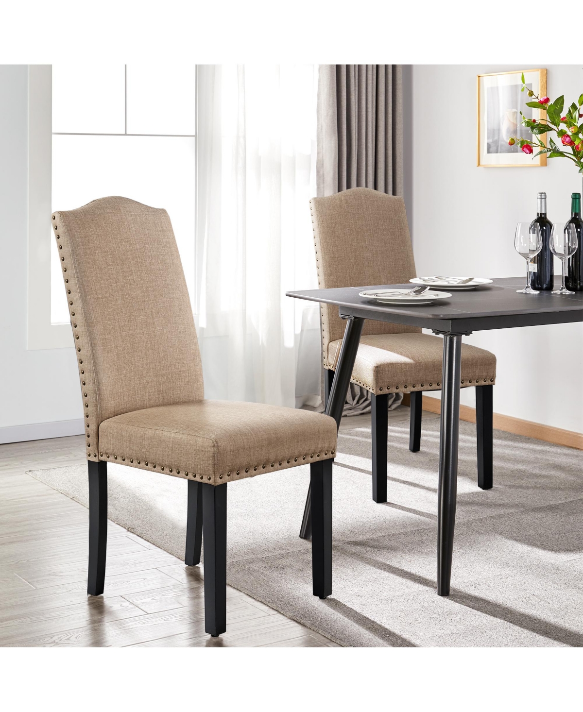 Yaheetech Set of 2 Fabric Upholstered Classic Dining Chair with Tall Back and Solid Wood Legs Khaki