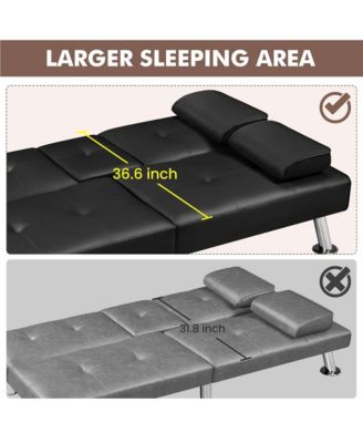 Faux Leather Convertible Futon Sofa Bed with 2 Throw Pillows & Drop-down Cup Holders Dark Brown