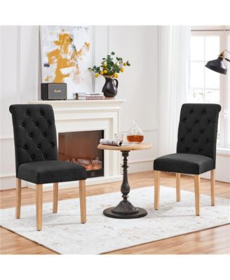 2PCS High Black Classic Fabric Upholstered PU Leather Dining Chair