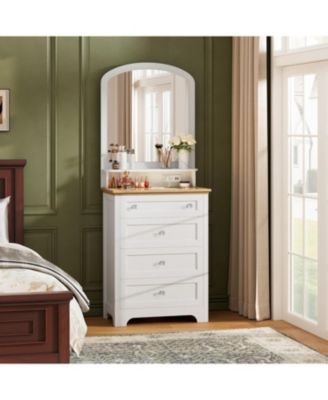 4-Drawer Charge Station, LED Strip, Crystal Knobs, Modern Vanity Cabinet Dresser with Mirror