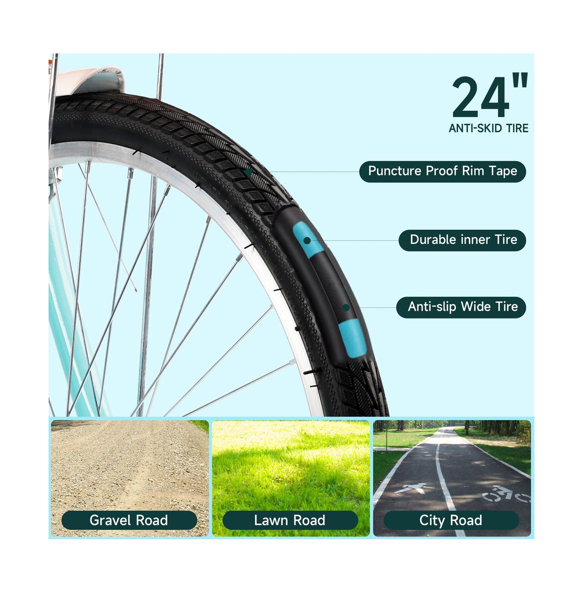 Artudatech 24-Inch Leisure Cruiser Bike with Low Step Frame, Passenger Seat & Removable Footrests