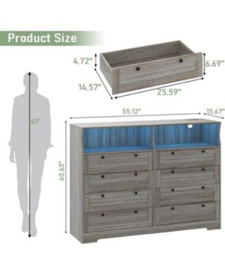 8-Drawer Wood Dresser with Charging Station & LED Lights, Modern Storage Chest for Bedroom, Living Room, Hallway