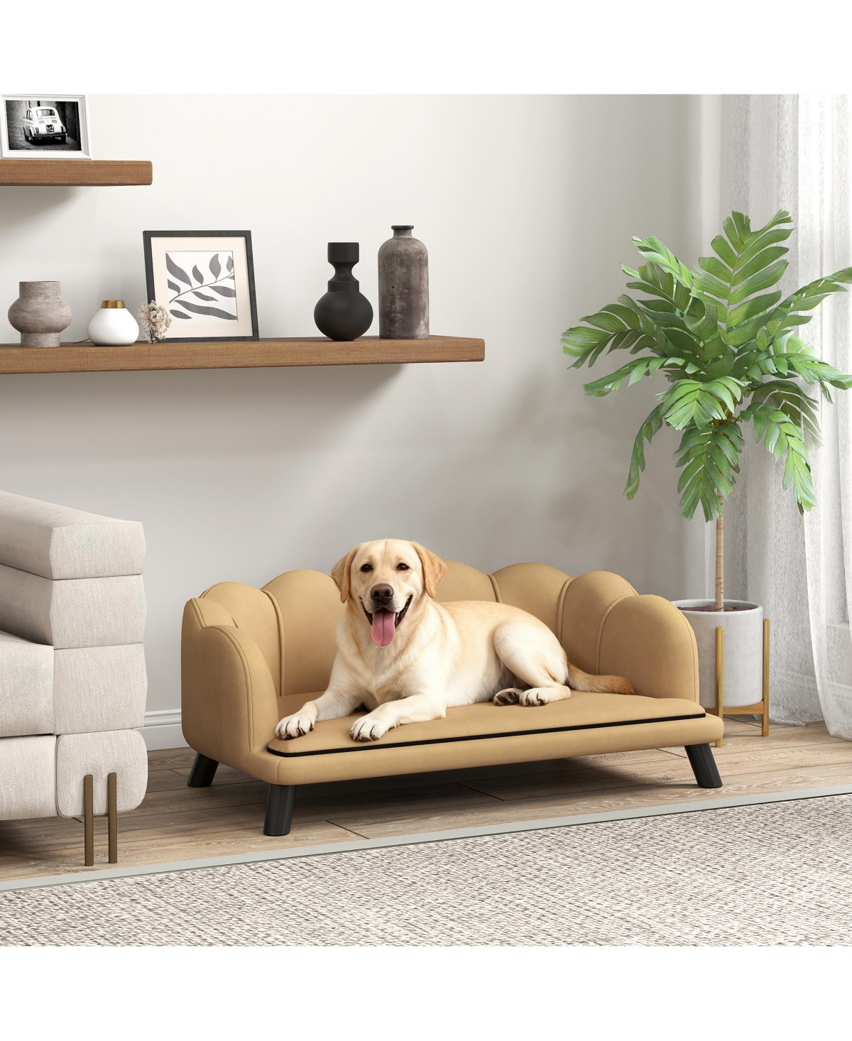 PawHut Velvet Large Dog Couch with Foam Cushioning for M L Dogs, Dark