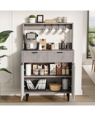 Fluted Sideboard Buffet Cabinet with 2 Drawers, Adjustable Shelves, Coffee Bar Storage Console