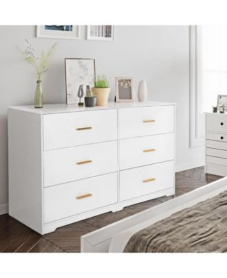 6-Drawer Wooden Modern Double Dresser with Deep Drawers and Metal Gold Handles