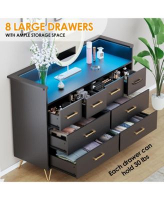 8-Drawer LED Light & Charging Station, Wooden Chest, Open Shelf Modern Dresser