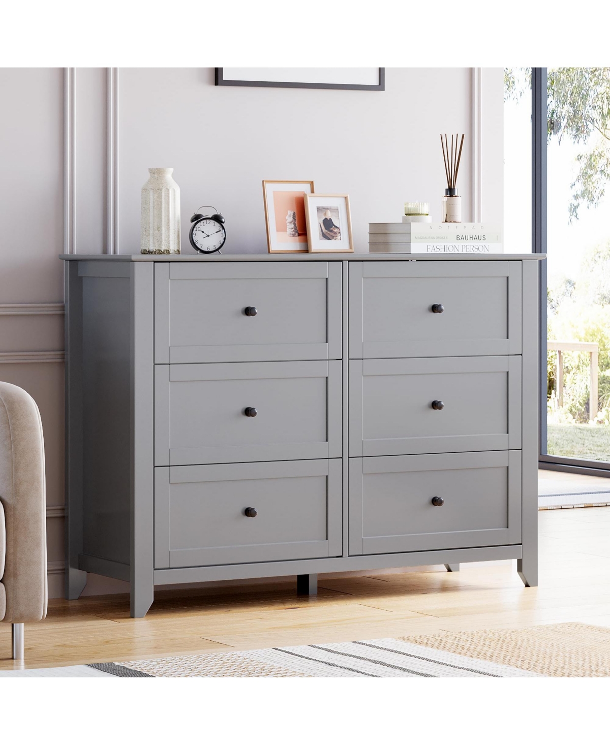 gaomon Grey 6 Drawer Dresser, Modern Chest with Deep Drawers, Nickel Round Handle, Wood Storage Organizer