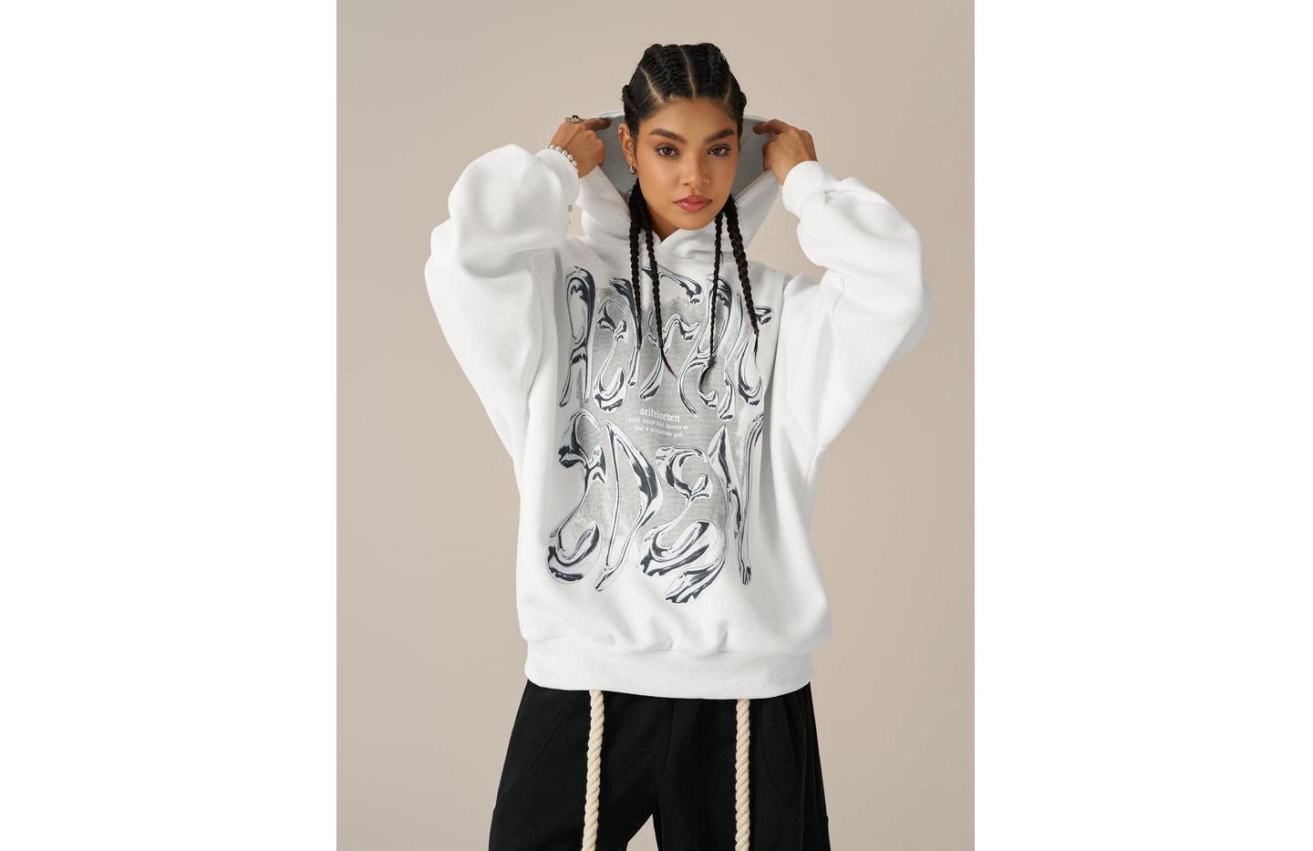 Женское худи AELFRIC EDEN Futuristic Liquid Metal Design Pullover, цвет: Белый — фото 3