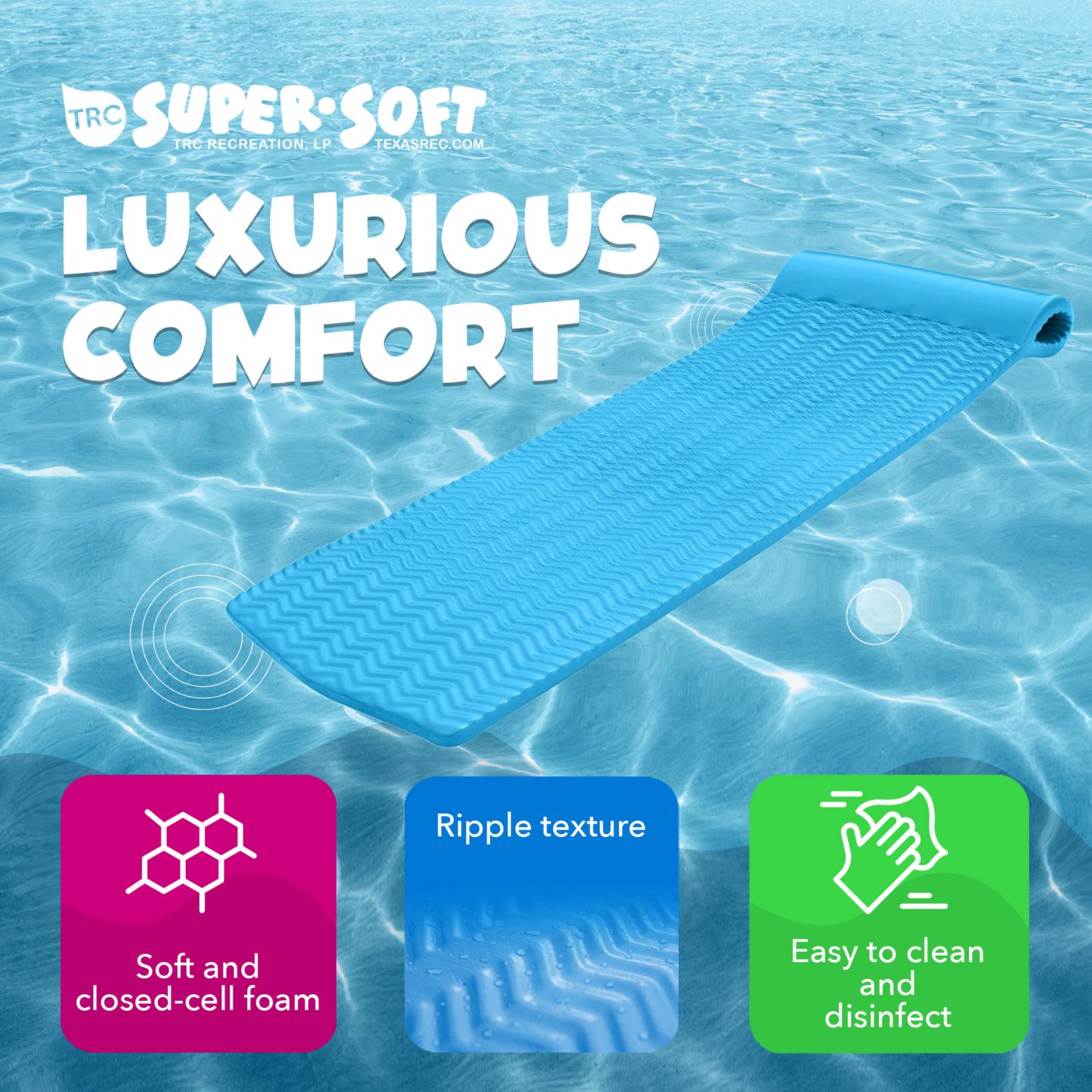 Детские игрушки TRC Recreation Serenity 1.5" Thick Vinyl-Coated Foam Built-In Roll Pillow Pool Lounge Float, Ages 14+ — фото 4