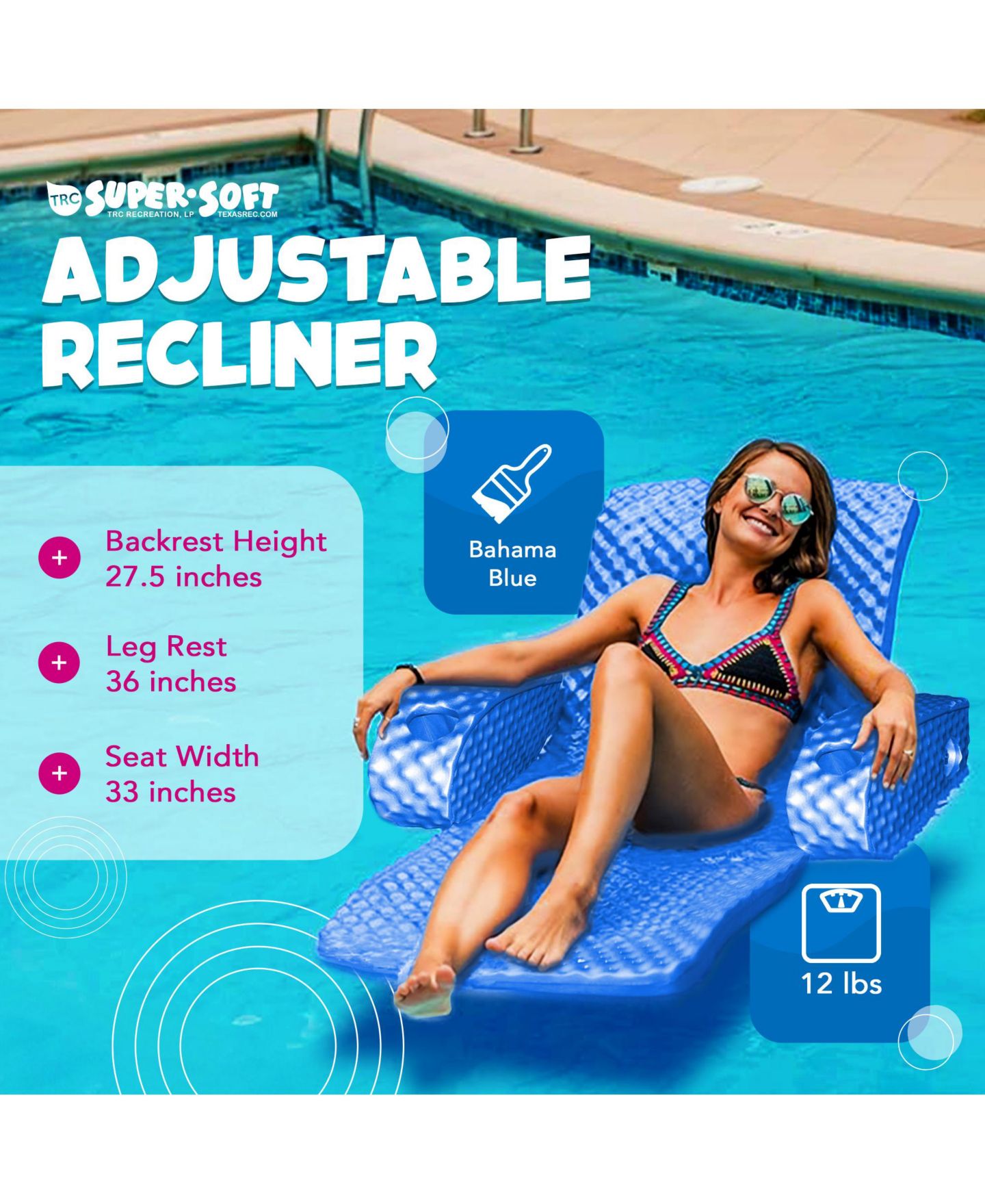 Детская игрушка TRC Recreation Super Soft Adjustable Floating Pool Lounger Recliner Float, 1-Person Capacity, Ages 8-10 — фото 4