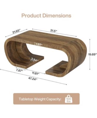 Farmhouse Coffee Table, 47" Heavy Duty C-Shaped Center Table with Curved Base, Rustic Brown