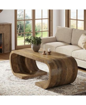 Farmhouse Coffee Table, 47" Heavy Duty C-Shaped Center Table with Curved Base, Rustic Brown