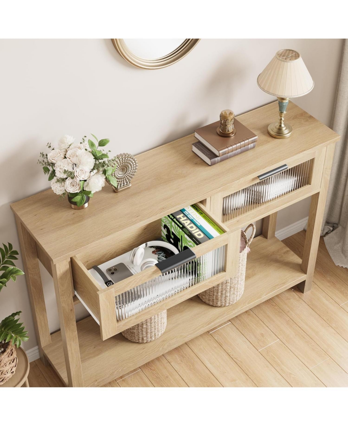 gaomon Wooden Entry Console Table with 2 Glass Drawers, Stylish Versatile Storage Solution, Oak Finish