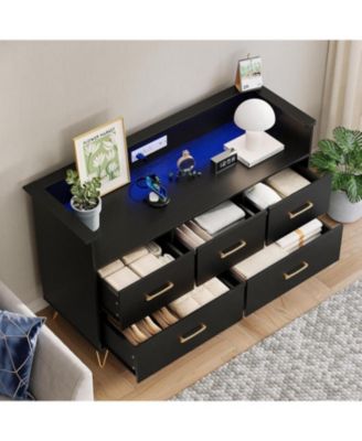 Dresser for Bedroom with 5 Drawers Led Lights, 47inch Wide Chest of Drawers with Charging Station, Freestanding Storage Organizer, Black