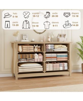 6-Drawer Modern Wood Dresser with Golden Ring Pull Handles, Wide Storage Cabinet for Living Room, Entryway, Oak Finish