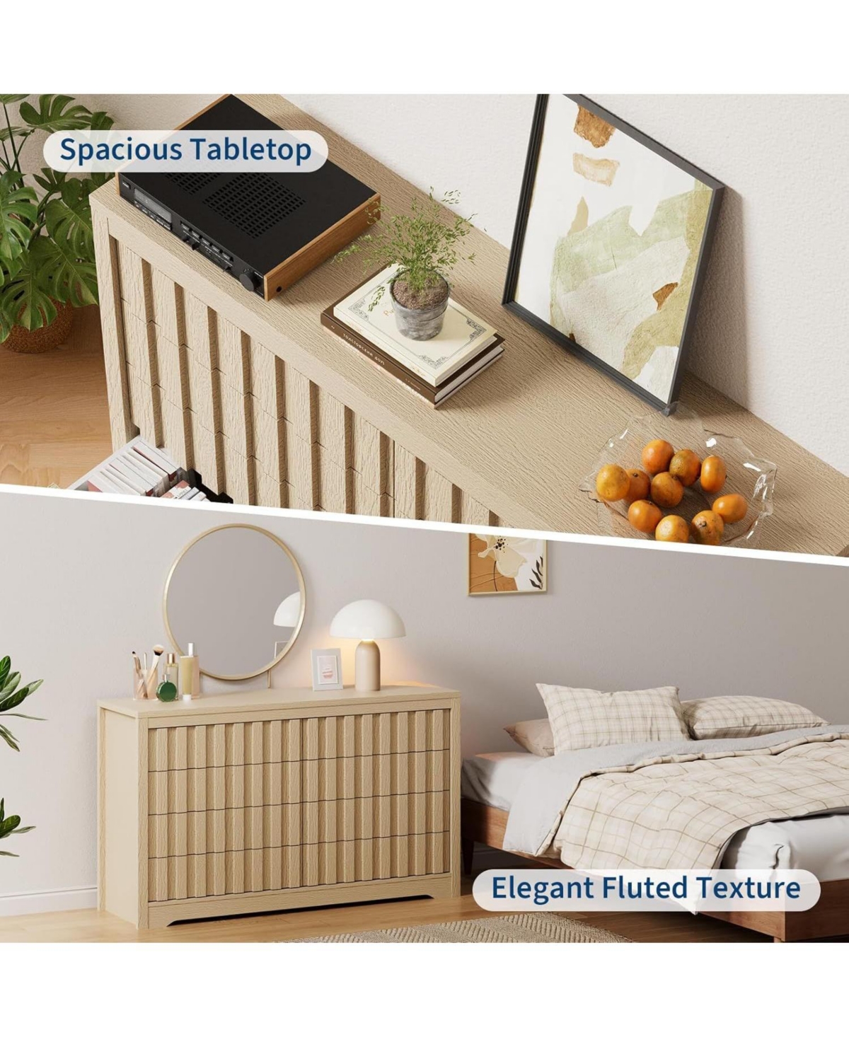 gaomon 8-Drawer Modern Fluted Wood Dresser Bedroom Chest, Handleless Deep Storage Closet Organizer for Living Room, Hallway, Natural Oak