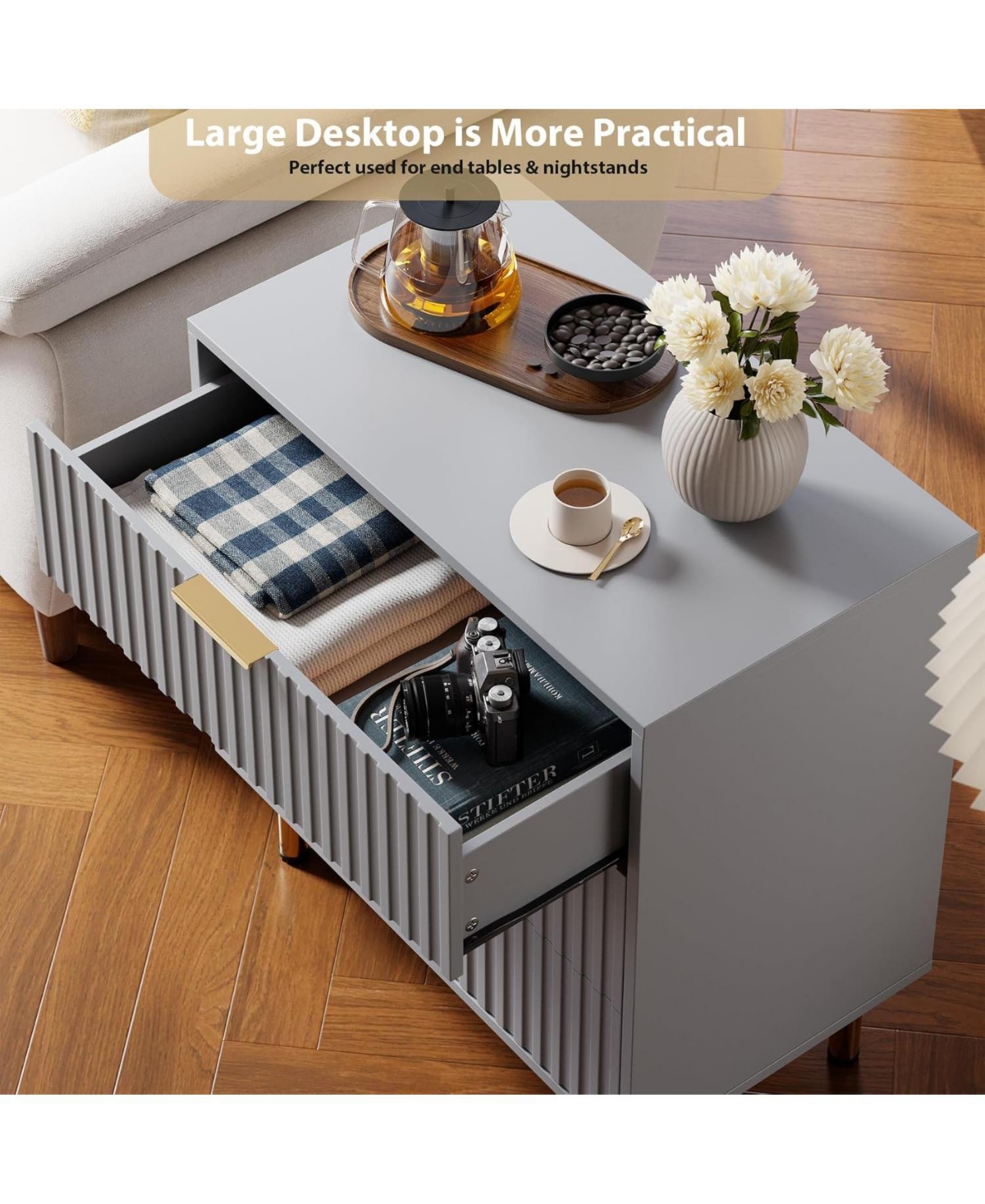 Gaomon Modern Fluted Grey 3-Drawer Dresser with Wide Top and Deep Storage Drawers, Stylish Organizer for Bedroom or Living Room
