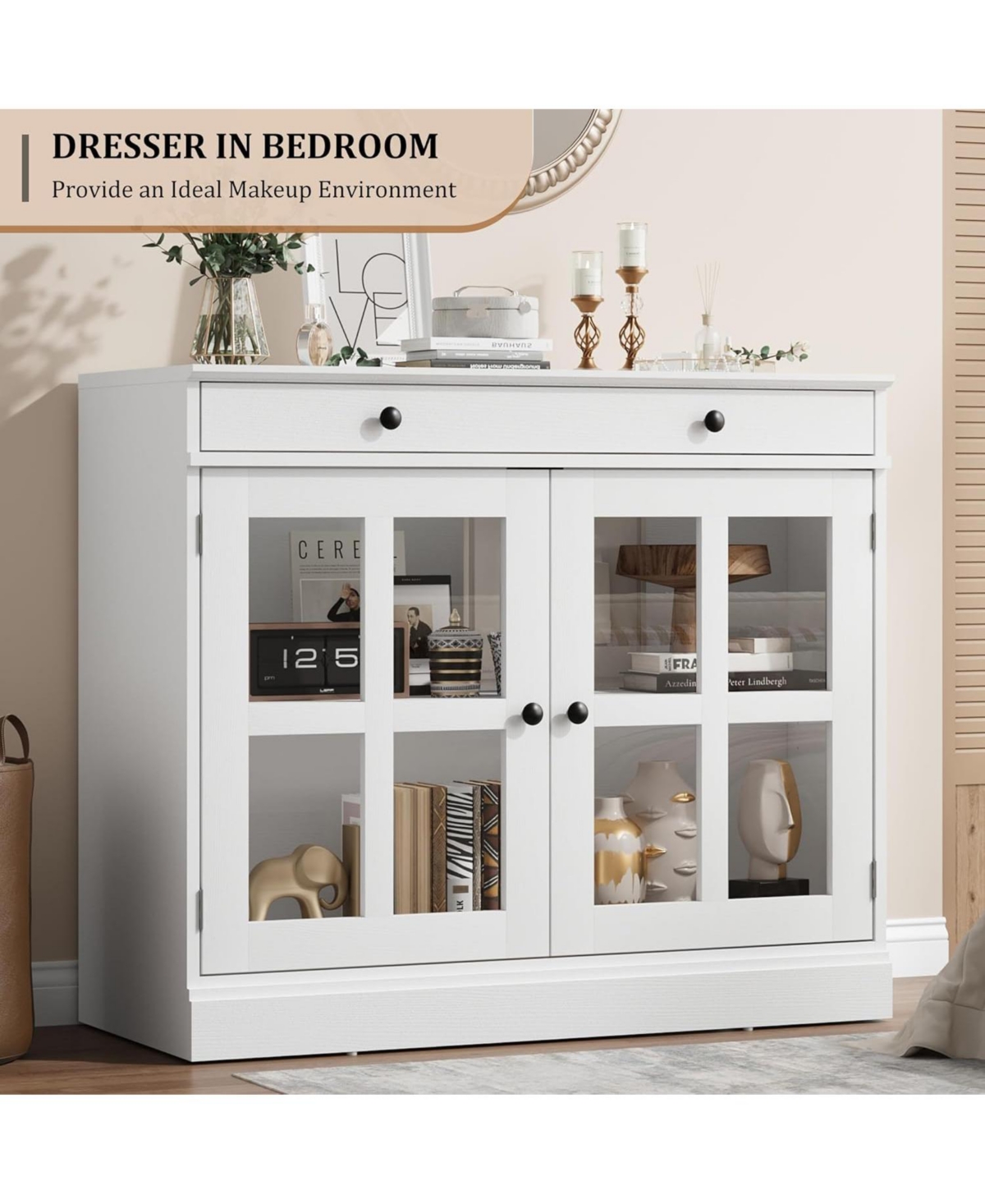 gaomon 35.4 Inch White Sideboard Buffet Cabinet, Glass Door, Drawer Storage, Modern Dining Room, Kitchen Cabinet