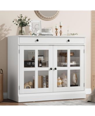 35.4 Inch White Sideboard Buffet Cabinet, Glass Door, Drawer Storage, Modern Dining Room, Kitchen Cabinet