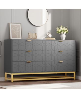 53.5 Inch 6-Drawer Modern Dresser, Wide Chest with Gold Metal Legs & Handles, Storage for Bedroom, Living Room, Hallway, Grey