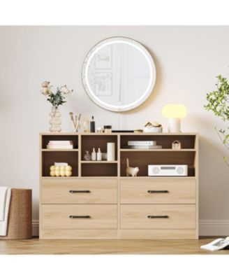 47" 4-Drawer Wood Dresser with 6 Open Cubbies and Adjustable Storage, Modern TV Stand