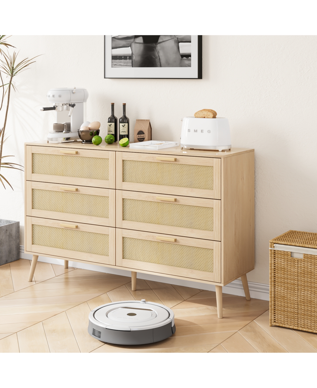 Streamdale Modern Rattan Dresser with 6 Drawers