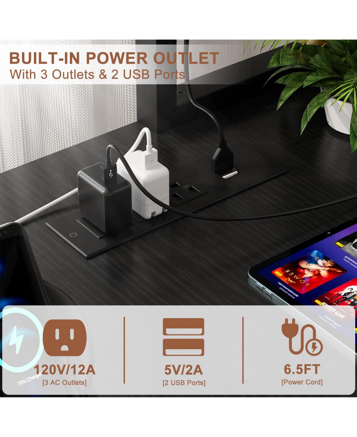 Aheaplus 49'' Reversible L Shaped Gaming Desk with Power Outlet and Led Lights, Corner Hutch & Monitor Stand