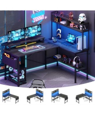 49'' Reversible L Shaped Gaming Desk with Power Outlet and LED Lights, Corner Desk with Hutch & Monitor Stand