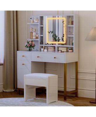 White Vanity Desk with Mirror & LED Lights, Makeup Dressing Table with Power Outlet, Bedroom