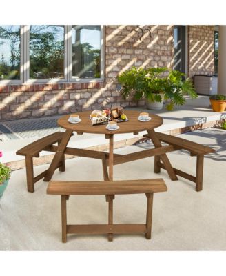 6-person Round Wooden Picnic Table Outdoor Table w/ Umbrella Hole & Benches