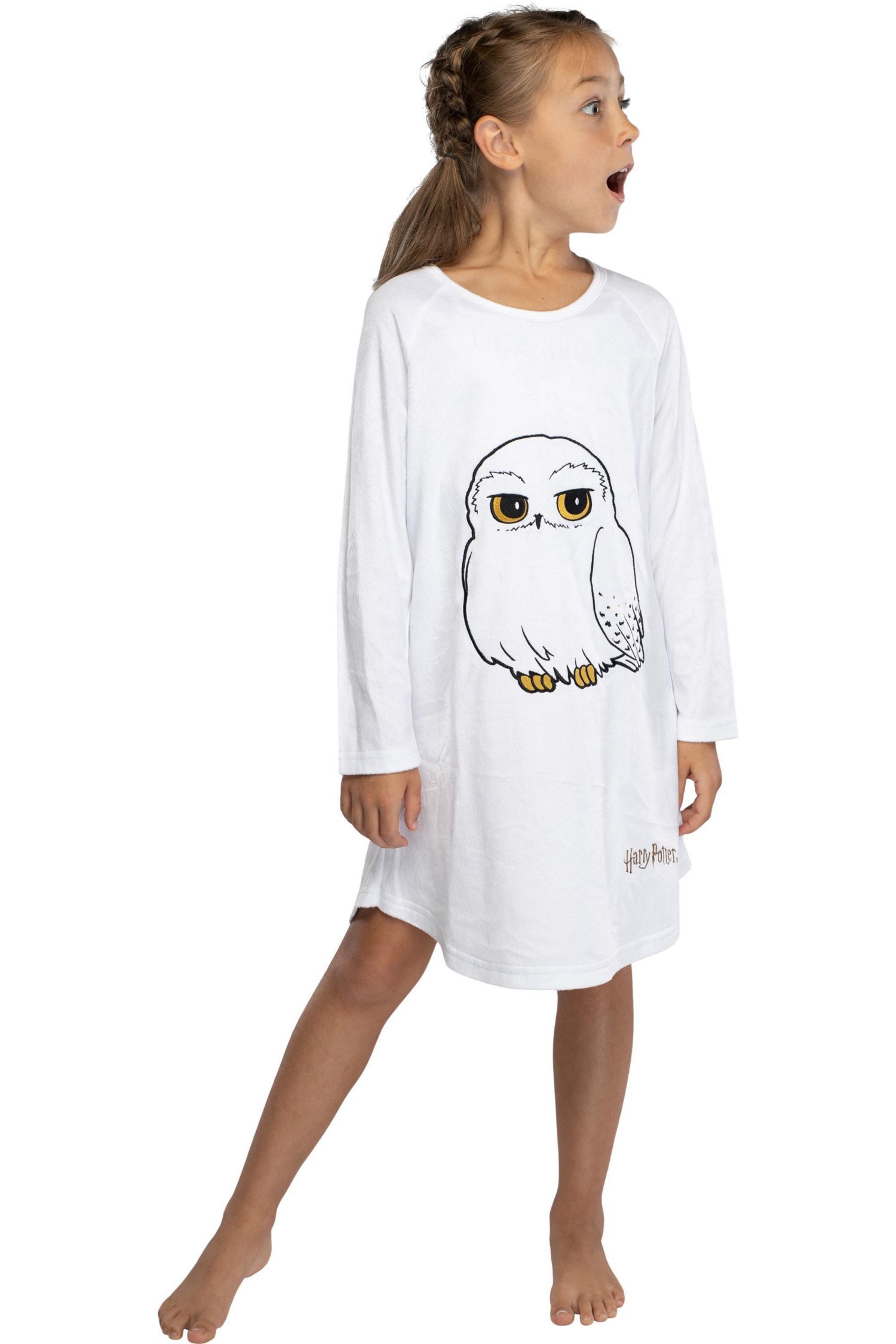 Pajama Girls' Hedwig Owl Micro Raschel Fleece Long-Sleeve Hi-Lo Kids Nightgown