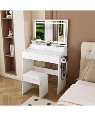 Modern Vanity Desk with Lighted Mirror & Outlet