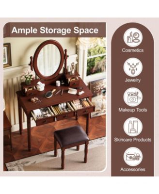 Vanity Desk with Mirror, Cushioned Stool, 5 Drawers - Walnut