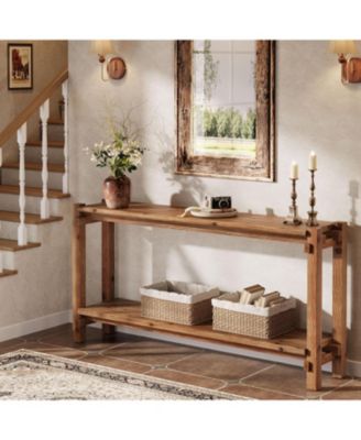 63-Inch Solid Wood Console Table, 2-Tier Farmhouse Entryway Table with Storage