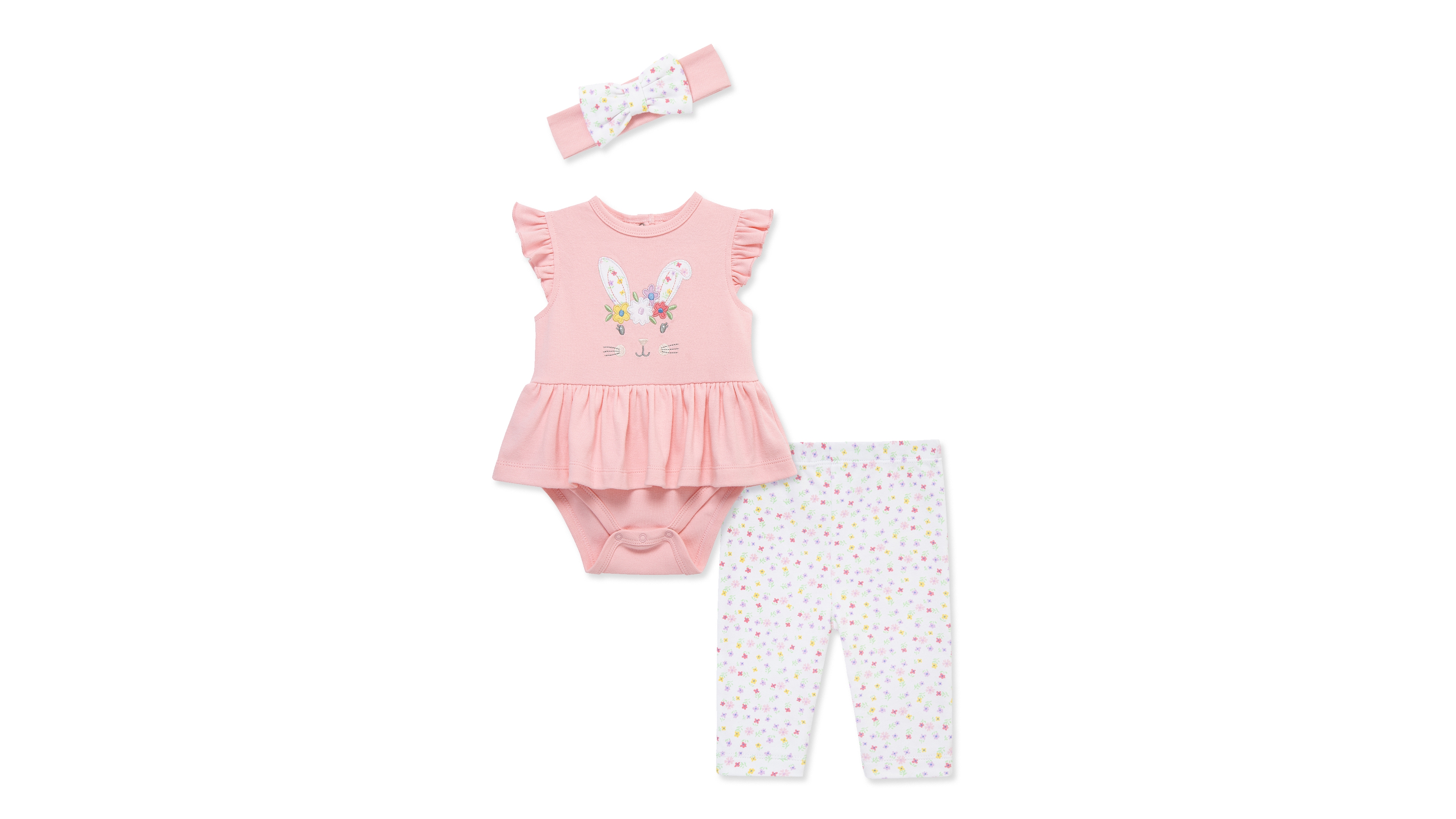 Little Me Baby Girls' Bunny Printed Bodysuit, Leggings and Headband, 3-Piece Set